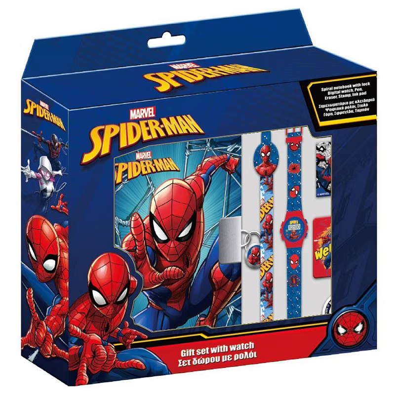 Set jurnal cu lacat pentru baieti, Marvel, Plastic, cu ceas si stilou, Spiderman, Rosu/Albastru
