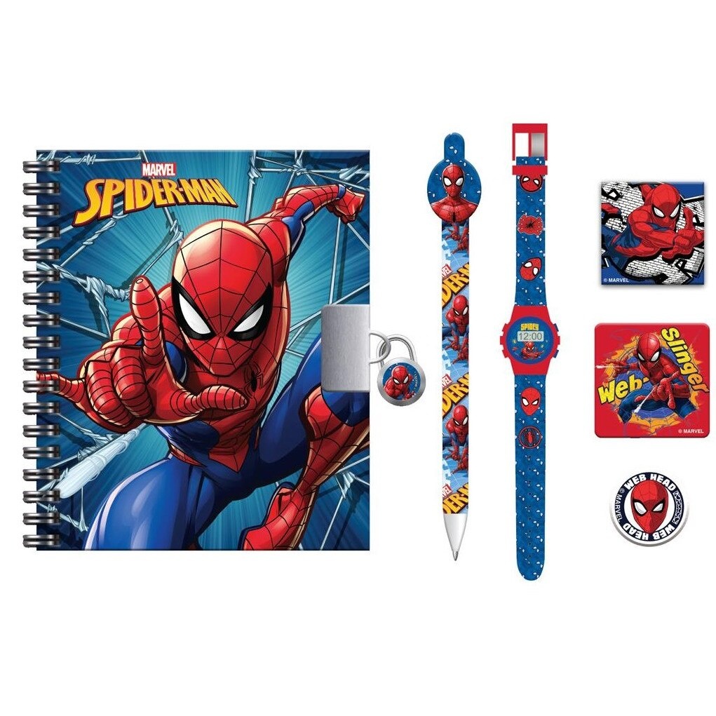 Set jurnal cu lacat pentru baieti, Marvel, Plastic, cu ceas si stilou, Spiderman, Rosu/Albastru