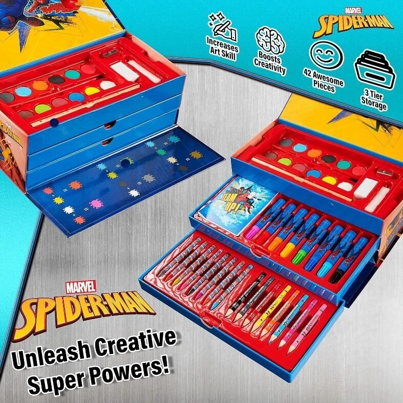 Set creativ de pictat cu Marvel Spider-Man, 42 piese, creioane cerate, carioci, acuarele si accesorii, in trusa