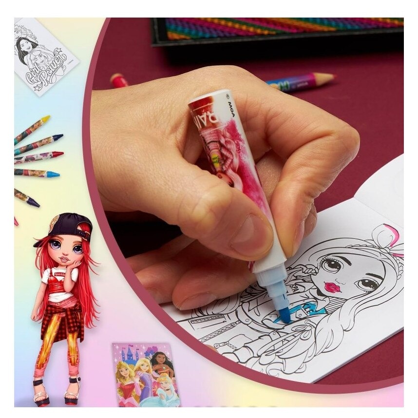 Set creativ de pictat cu Rainbow High, 42 piese, creioane cerate, carioci, acuarele si accesorii, in trusa, Maro