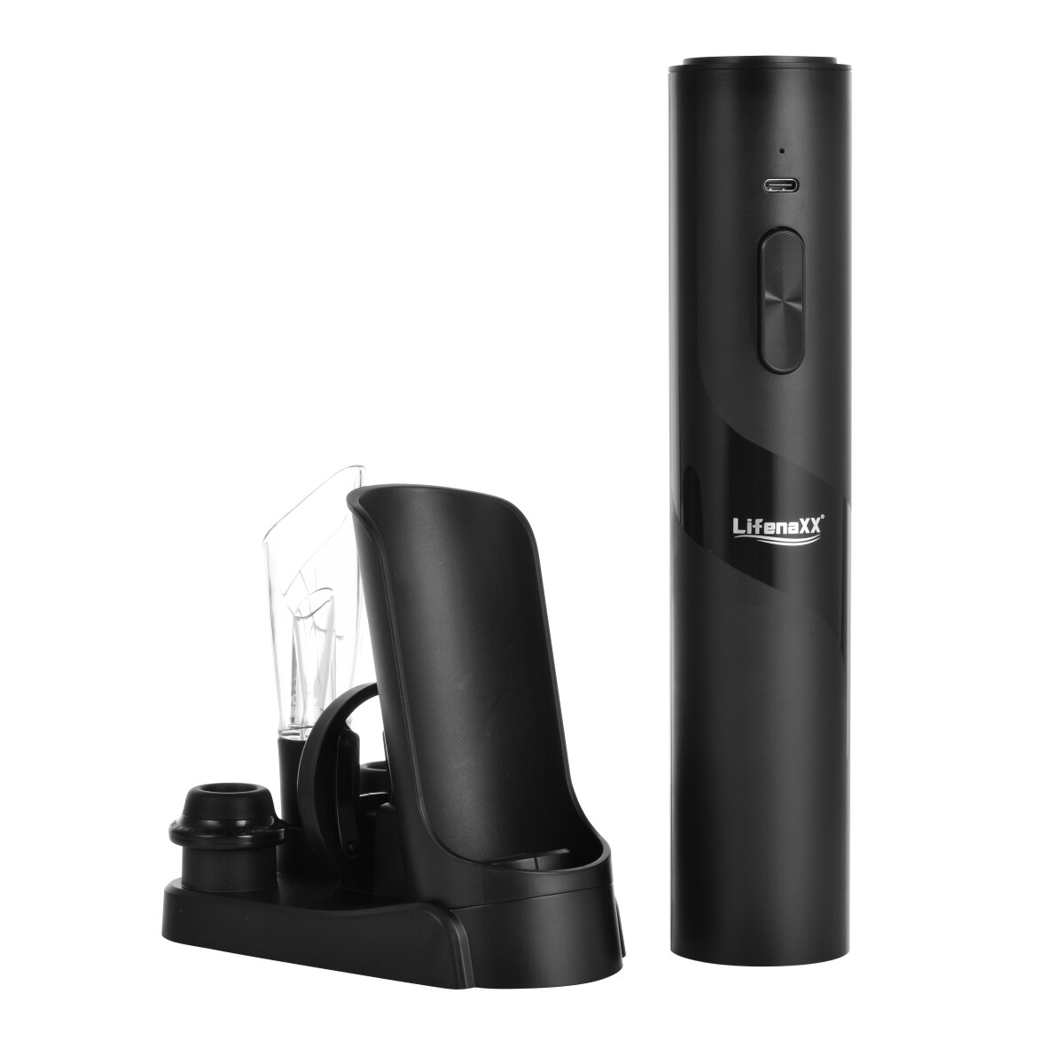 Tirbuson electric de vin Lifenaxx LX-064, 2 in 1, 25W, 300 mAh, cu Baza Reincarcabila si Depozitare, Accesoriu Taiat Folie, Aerator, 2 x Dop Pompa Vid, One-Touch, Ideal Pentru Deschiderea, Turnarea, Aerarea si Pastrarea Vinului, Negru