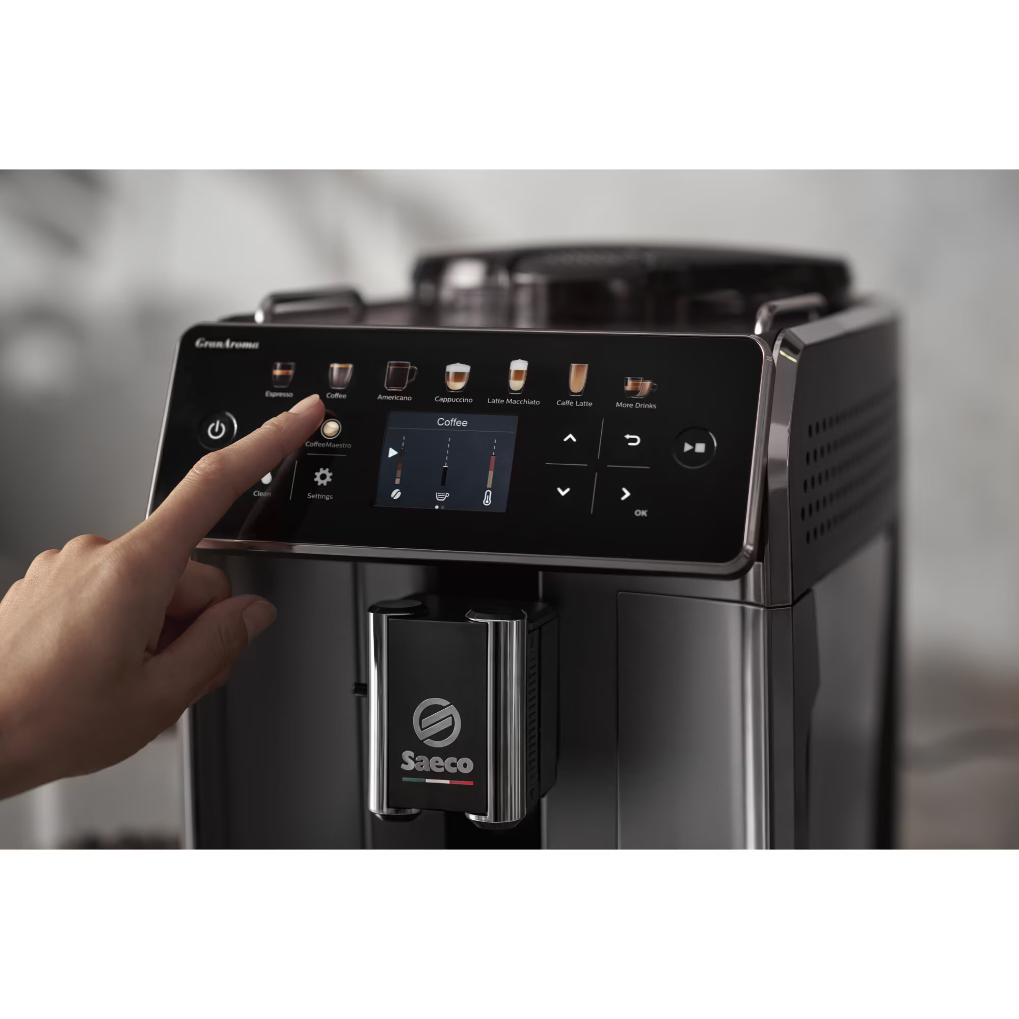 Espressor automat Saeco GranAroma SM6580/10, sistem de lapte Latte Duo, 14 bauturi, 15 bar, ecran TFT color, 4 profiluri utilizator, filtru AquaClean, rasnita ceramica, functie DoubleShot, Gri