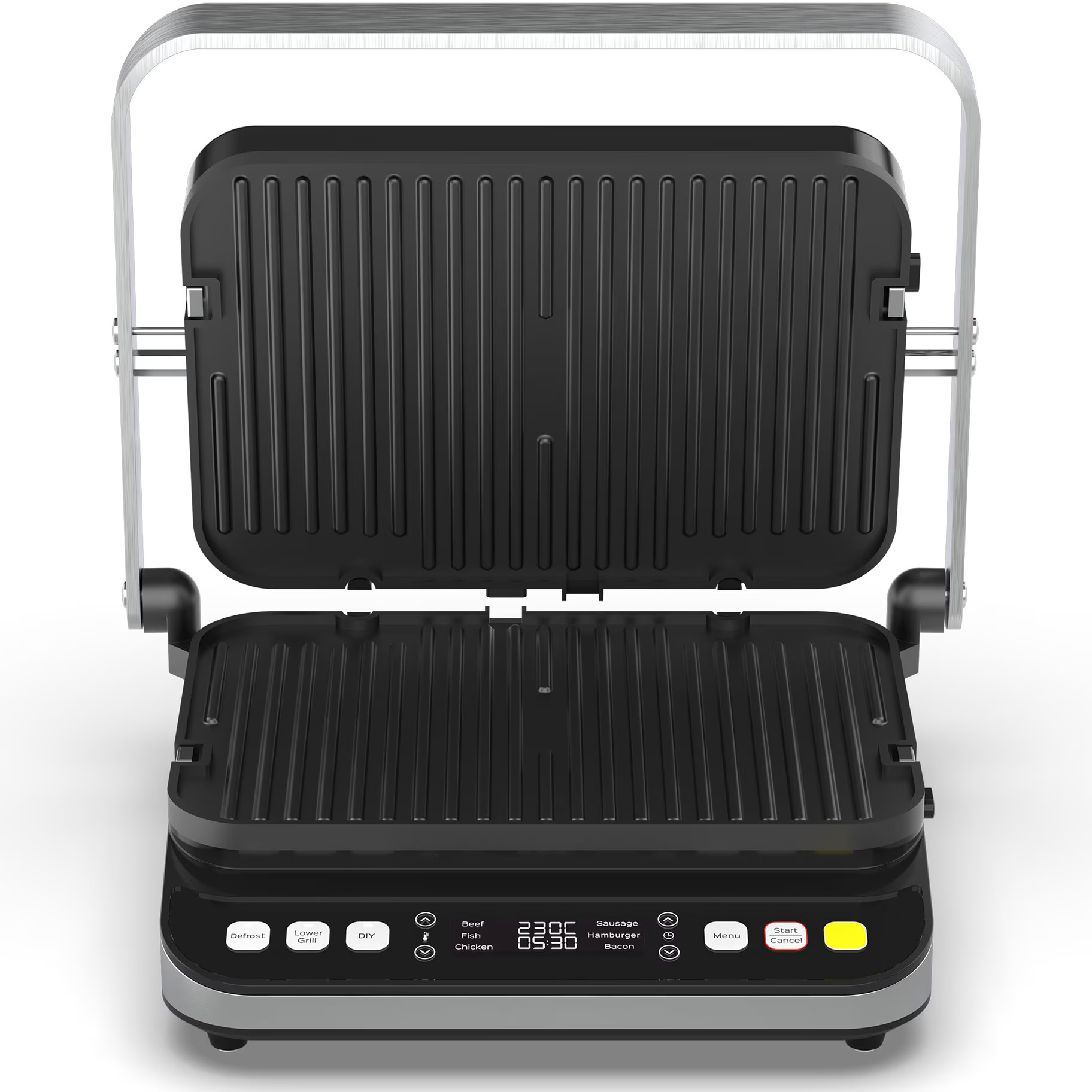 Gratar electric Aeno AEG0005, 2000 W, 6 programe automate, placi cu doua fete 320x220 mm, unghi de deschidere de pana la 180, functie dezghetare, afisaj led, control tactil, temperatura maxima 230°C, tava de scurgere ulei inclusa