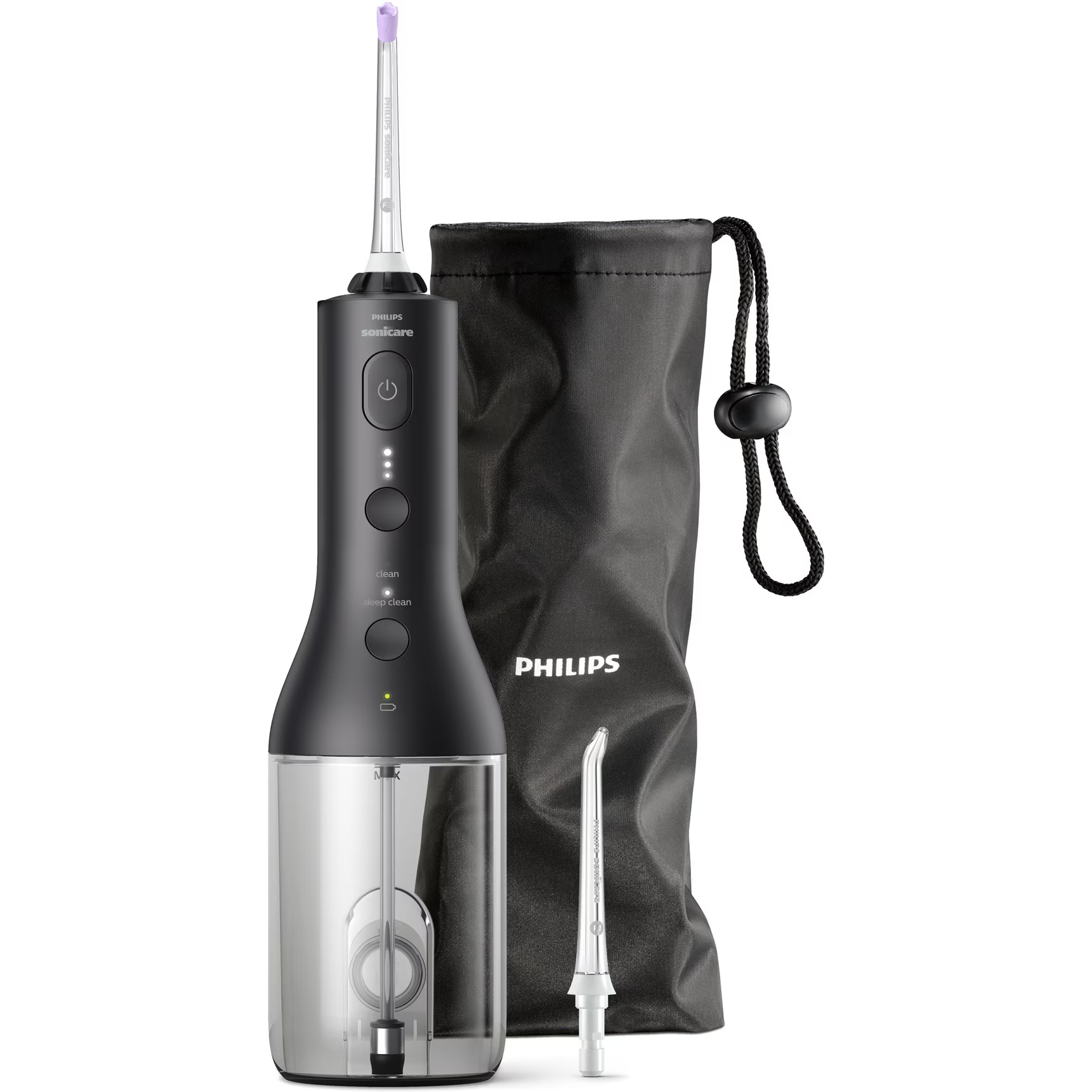 Dus bucal Philips Sonicare cu tehnologie QuadStream, portabil, 2 moduri de curatare, e niveluri de intensitate , include 2 x capete de curatare si 1 x husa trasport, negru, HX3826/33