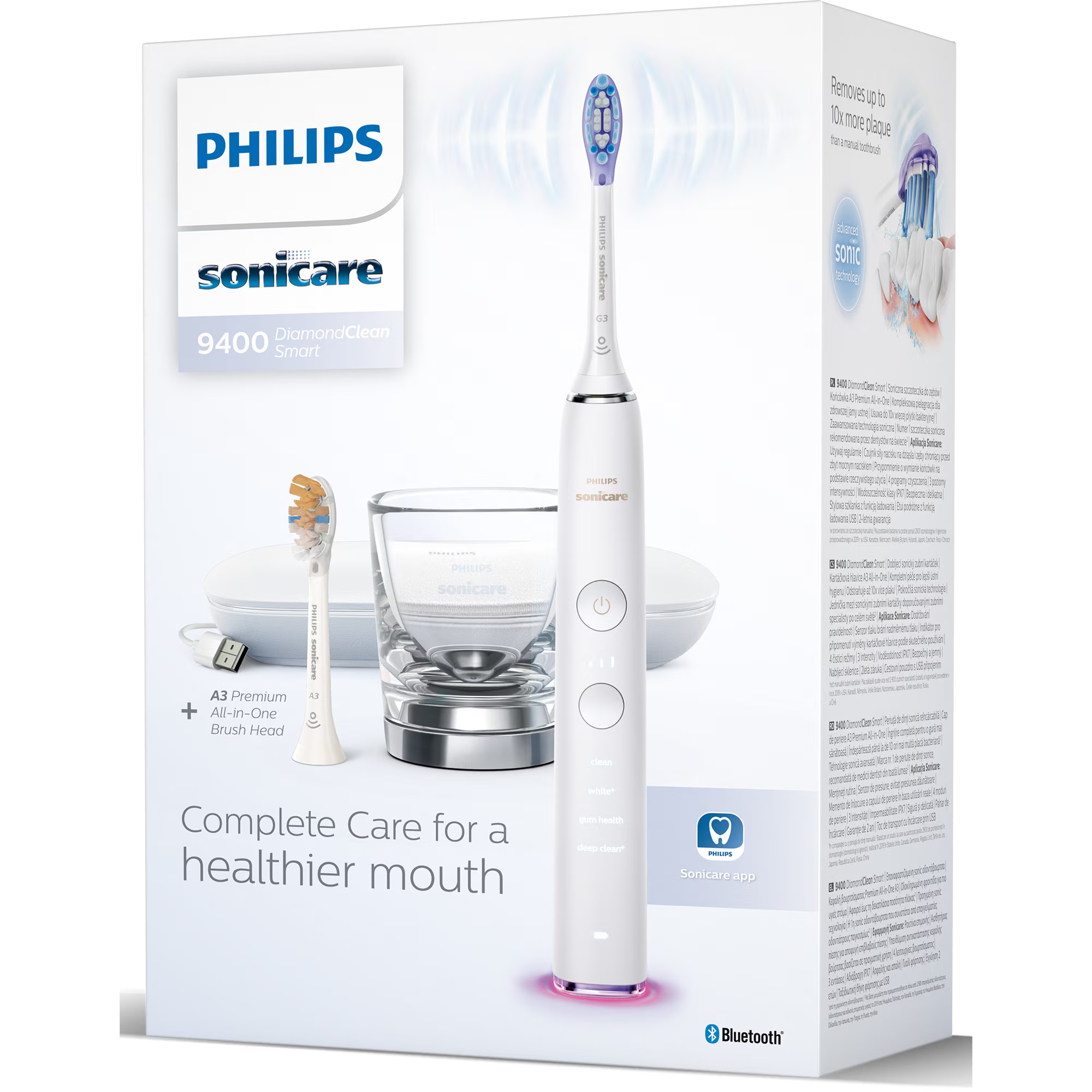 Periuta de dinti sonica electrica Philips Sonicare DiamondClean Smart 9400 HX9917/88, 62000 miscari/minut, 4 moduri de curatare, 3 nivele intensitate, senzor presiune, functia BrushSync, 2 baze cu rol de incarcare, 2 capete de periere, Alb