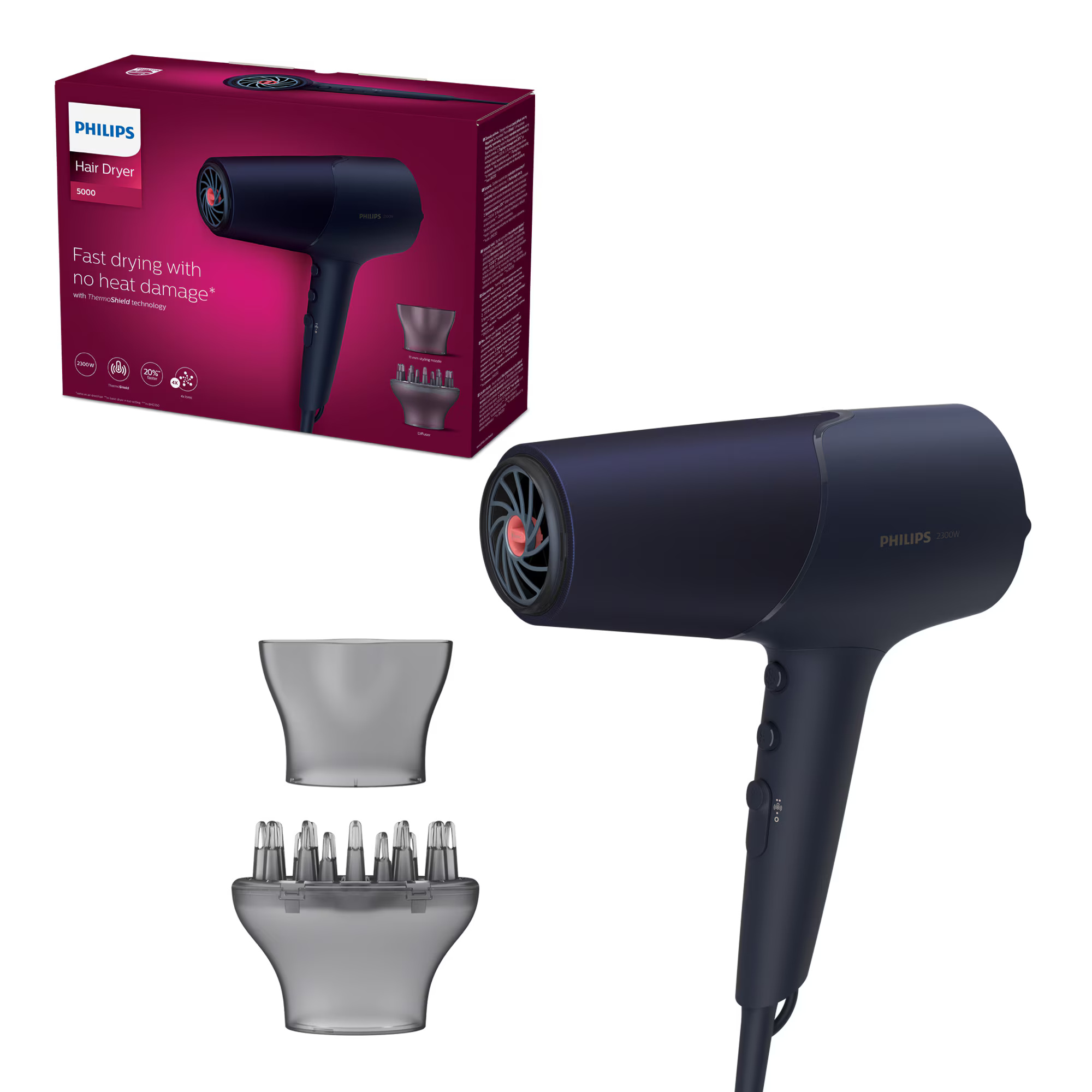 Uscator de par Philips BHD510/00, 2300W, tehnologie ThermoShield, ingrijire cu ioni, 2 setari de viteza, 3 setari de temperatura, difuzor, cap de coafare 11 mm, Albastru inchis metalizat