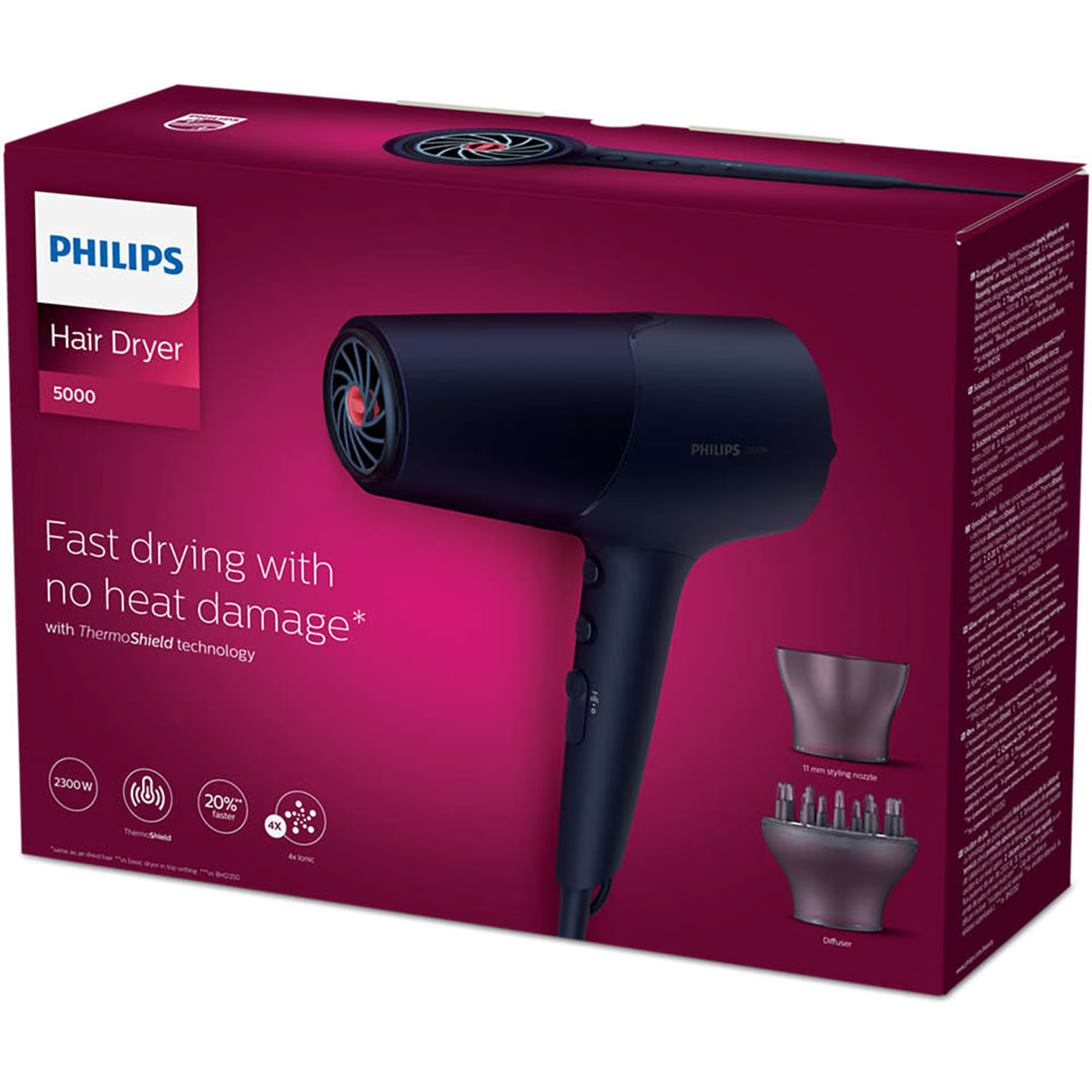 Uscator de par Philips BHD510/00, 2300W, tehnologie ThermoShield, ingrijire cu ioni, 2 setari de viteza, 3 setari de temperatura, difuzor, cap de coafare 11 mm, Albastru inchis metalizat
