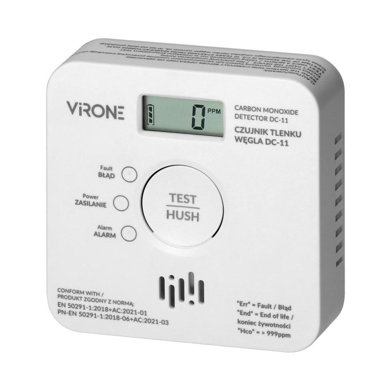 Detector monoxid de carbon VIRONE, 2 x AA, LCD, buton TEST, durata de viata a senzorului 10 ani, alb