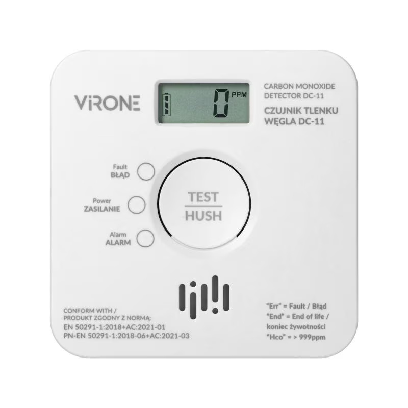 Detector monoxid de carbon VIRONE, 2 x AA, LCD, buton TEST, durata de viata a senzorului 10 ani, alb