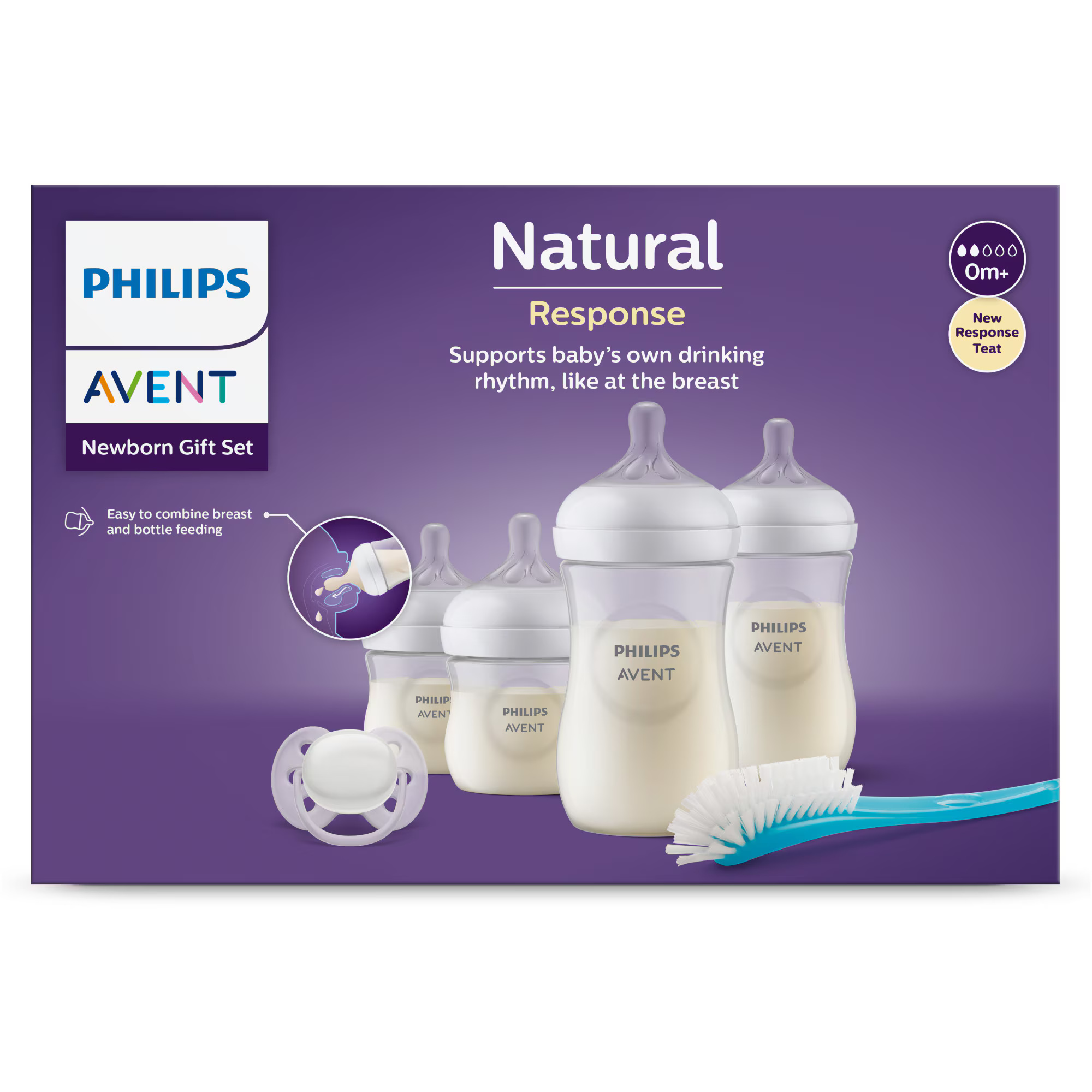 RESIGILAT - Set nou-nascut Philips Avent Natural Response SCD838/11, tetina care functioneaza ca sanul mamei, tetina fara scurgeri, 4 biberoane, suzeta ultra-soft 0-6 luni, perie pentru biberon