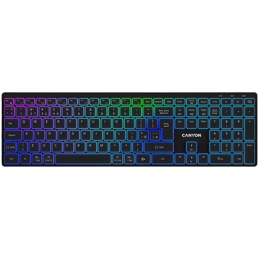 Tastatura wireless CANYON CNS-HBTK11B, Layout UK/US, RGB, Dual Mode Negru