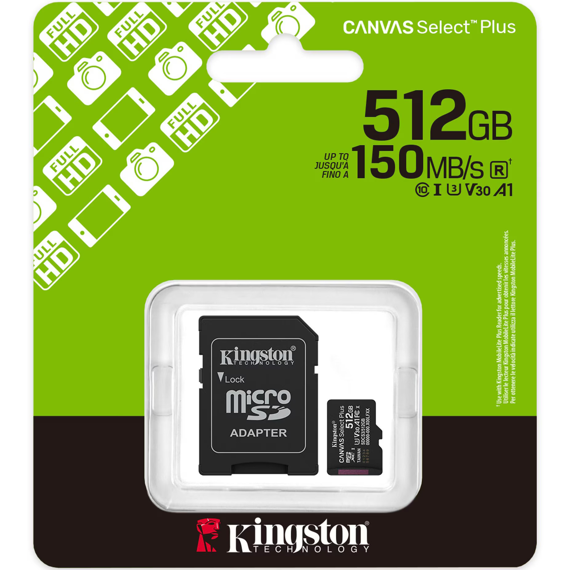 Card de Memorie MicroSDXC Kingston, 512GB, Canvas Select Plus, Clasa 10 UHS Performance,U1, V10, Cu adaptor
