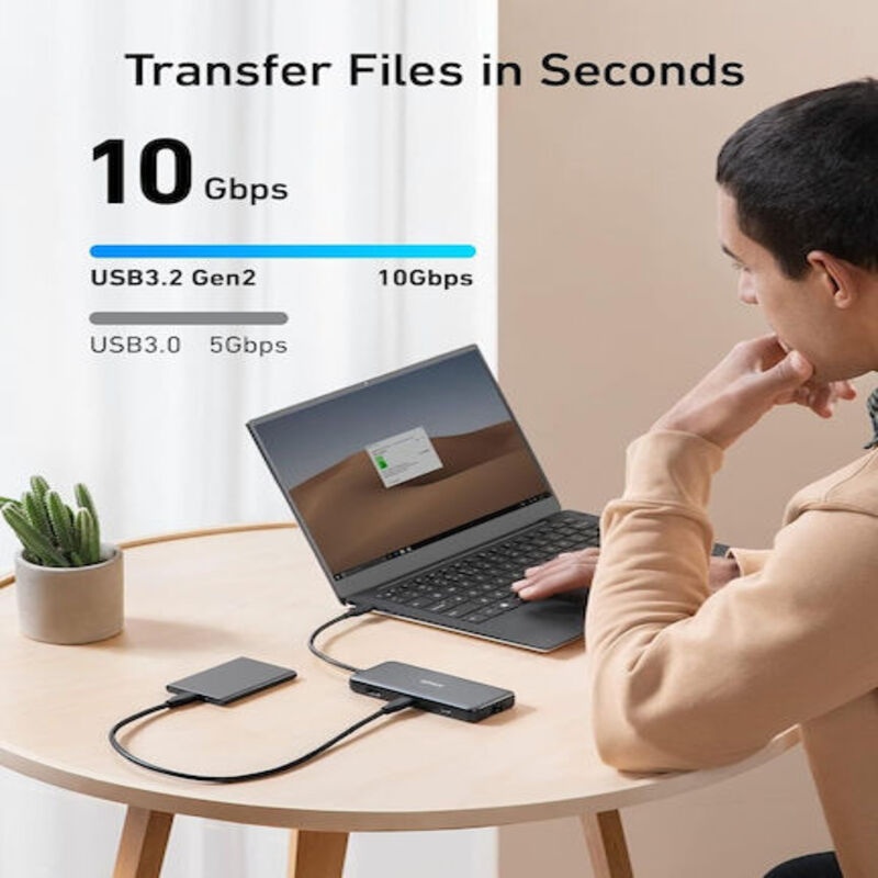 Docking Station Anker 555 8-in-1, porturi: 2 x USB-C, 2 x USB-A, HDMI 4K @60Hz, 1 x RJ-45 10 Gbps, PD 85W, conectare prin USB-C, gri