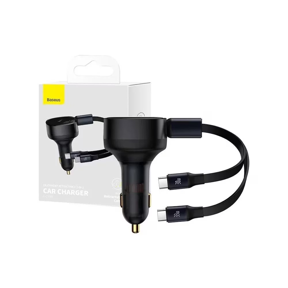 Incarcator auto Baseus Enjoyment, 33W, cu cablu retractabil 2xUSB-C, Negru