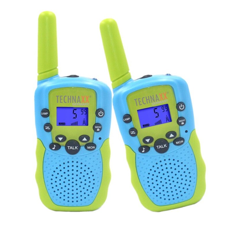 Set 2 statii Walkie Talkie pentru copii Lifenaxx TX-347, Lanterna Integrata, Raza de Actiune pana la 3 km, 8 canale, Ecran LCD cu iluminare, 4 x AAA, Din Plastic, Verde/Albastru