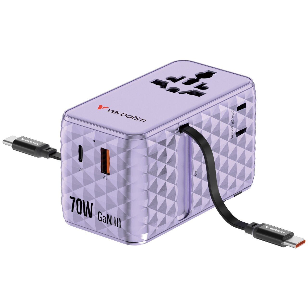 Adaptor calatorie Verbatim GaN,70W,2 cabluri retractabile, USB-C PD 3.0 QC4+ pana la 70W/USB-A QC 4+ pana la 60W, violet