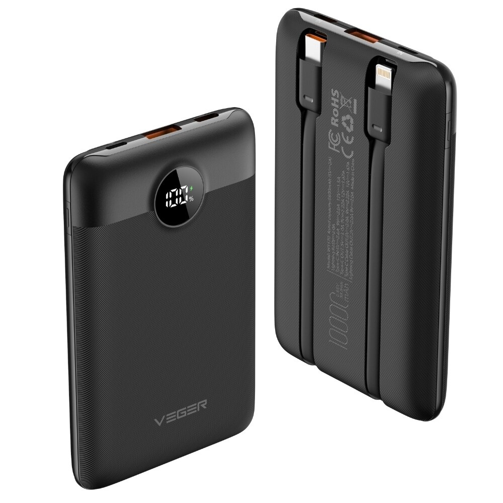 Power bank, Veger, 10000mAh, type-c, lighting, 22.5W, ultra-thin, Negru