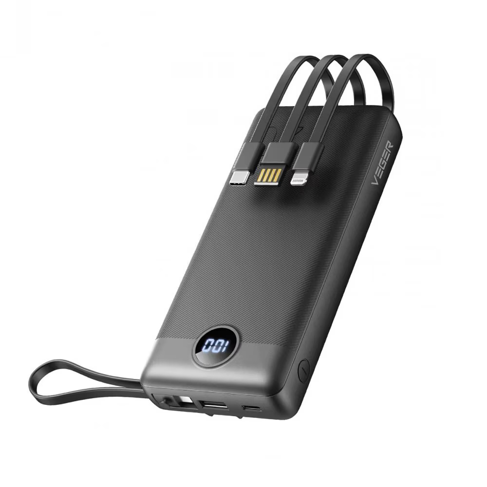 Acumulator extern Veger C20, 20000 mAh, compatibil cu cabluri tip Type C & Lightning & MicroUSB si USB incorporate, Display LED