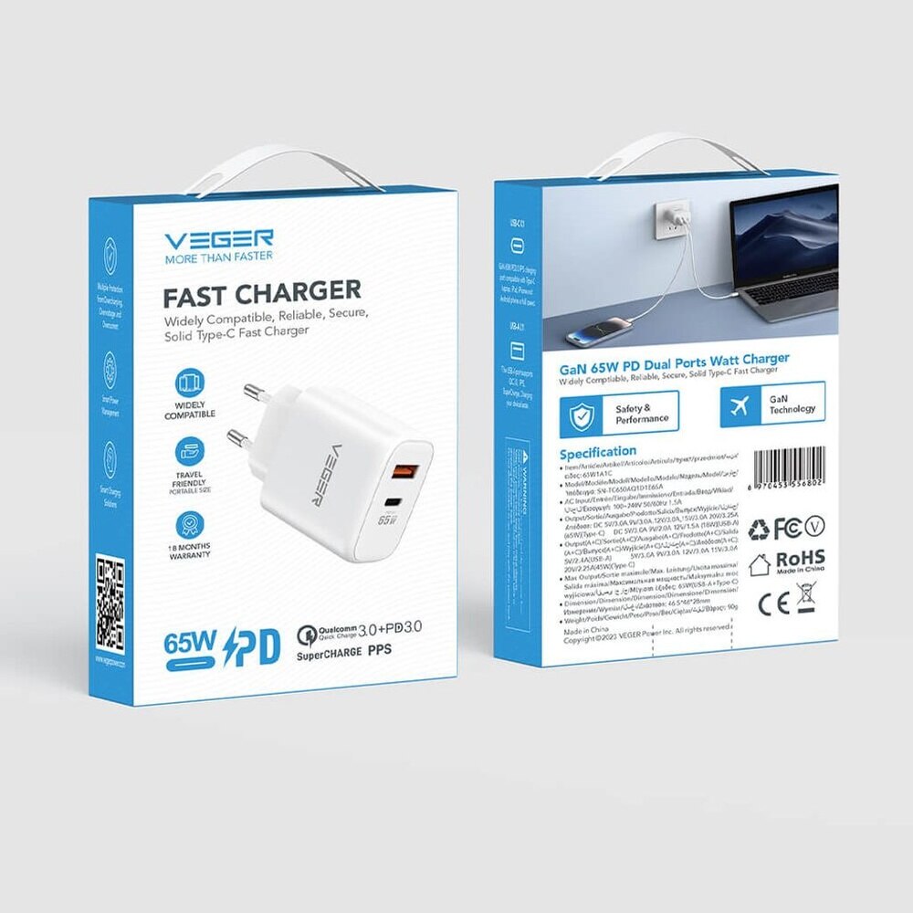 Incarcator retea, Veger, 65W, USB-C, alb