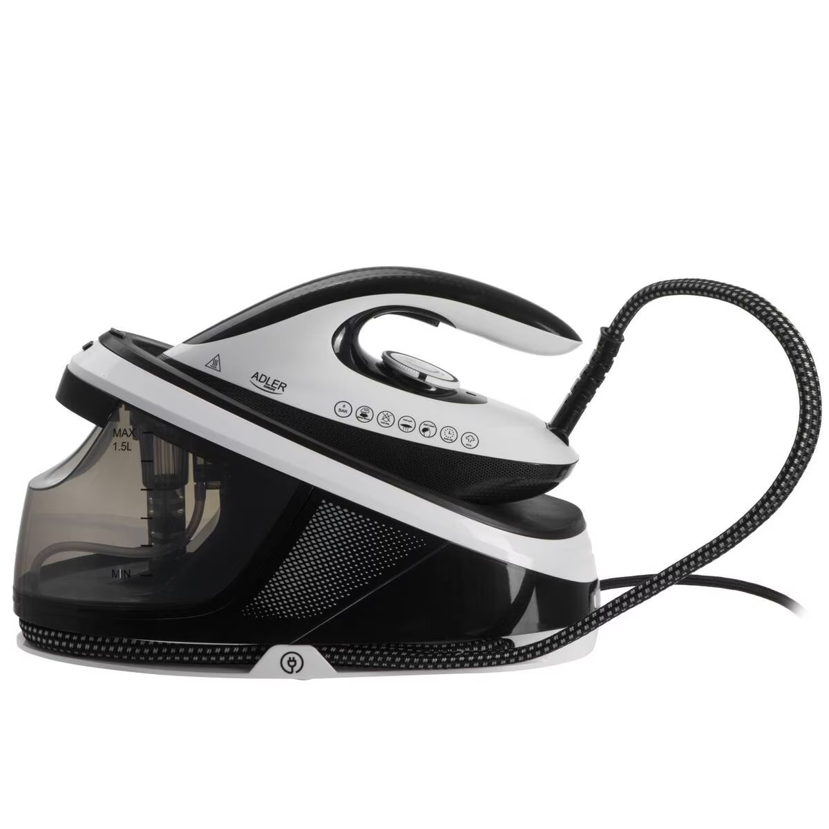 Statie de Calcat cu Abur Adler AD 5048 Rezervor Apa 1.5L Presiune 8Bar Talpa Ceramica Mod ECO Putere Max 3100W Alb/Negru