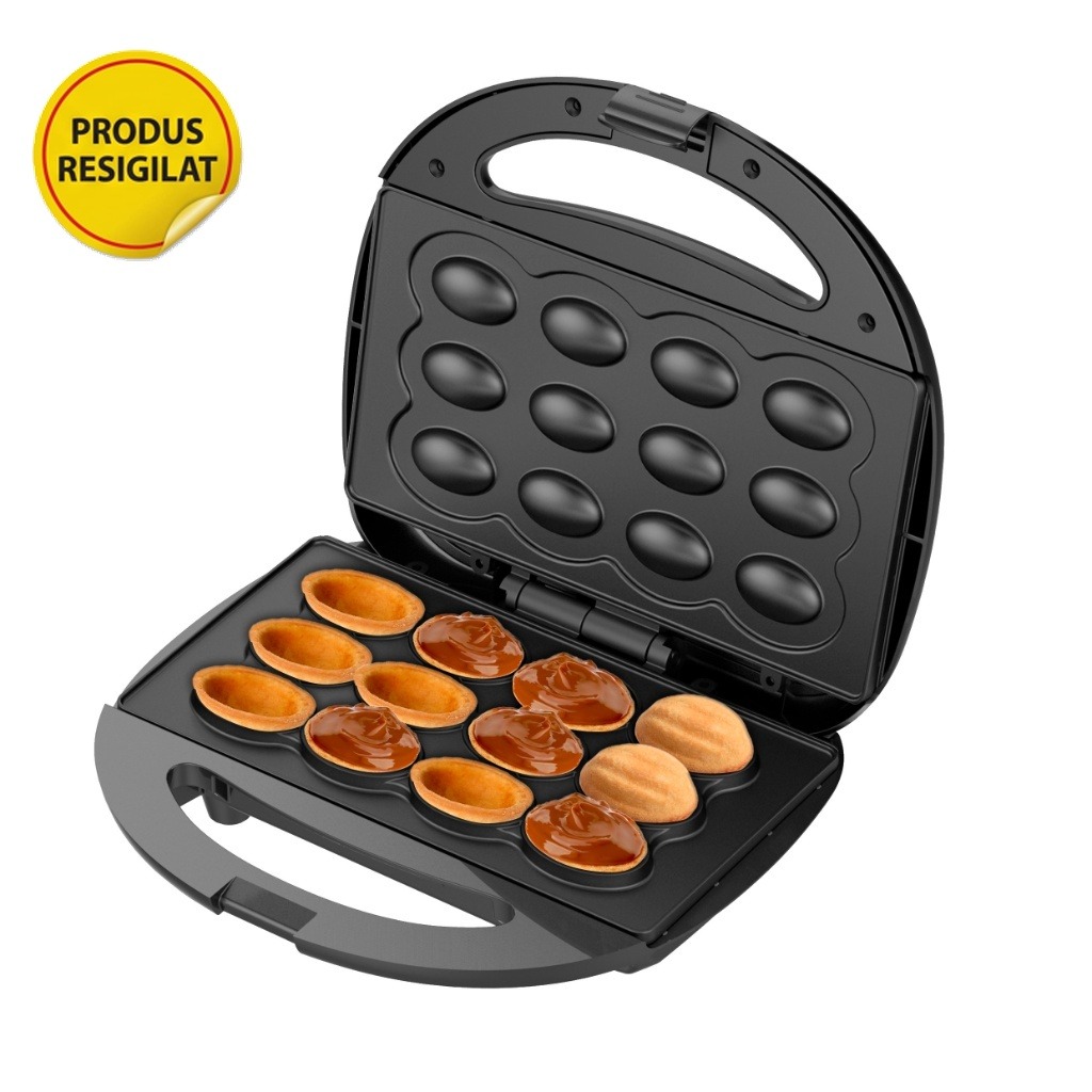 RESIGILAT - Aparat pentru copt forme coji de nuci, 12 forme, 1200W, Negru, indicator luminos, Placi Neaderente, Adler AD3071