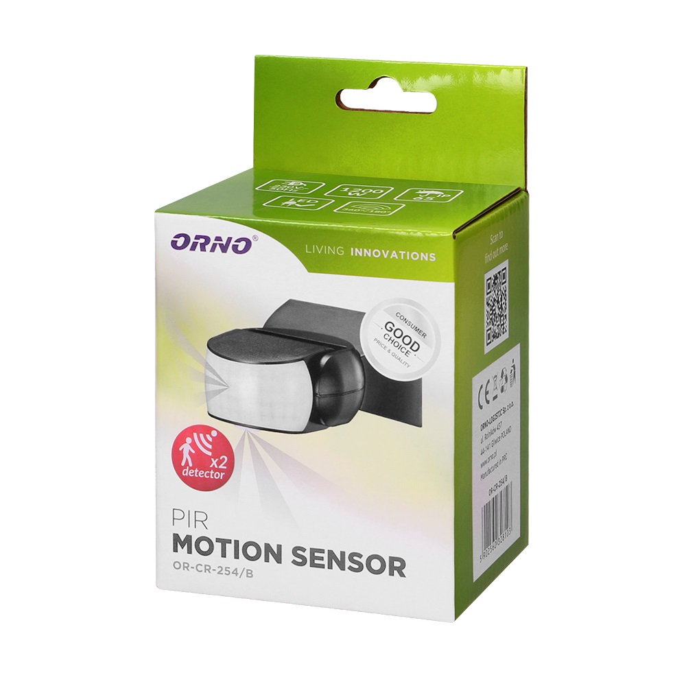Senzor de miscare ORNO OR-CR-254/B, unghi detectie 180°/360°, 2 senzori, 1200W, IP65, reglarea intensitatii luminii, reglabil vertical si orizontal, negru