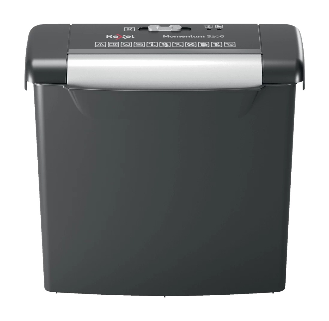 Distrugator documente manual REXEL MOMENTUM S206, P2, strip-cut (fasii), 6 coli, cos 9l, negru