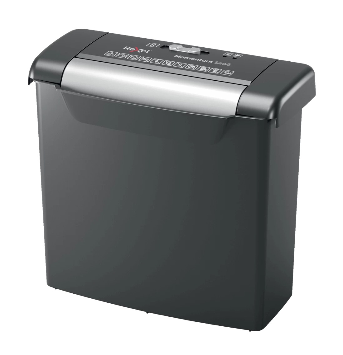 Distrugator documente manual REXEL MOMENTUM S206, P2, strip-cut (fasii), 6 coli, cos 9l, negru