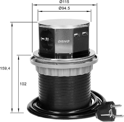Priza pentru mobilier ORNO OR-AE-1381(GS), incastrabila, 3 prize Schuko, 2 x USB, lungime cablu 1.5 m, negru