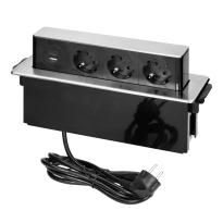 RESIGILAT - Priza pentru mobilier ORNO OR-GM-9014(GS)/B-G, incastrabila, panou culisant, 3 prize Schuko, 2 x USB Quick Charge 3.0, 3680 W, lungime cablu 2 m, negru/gri