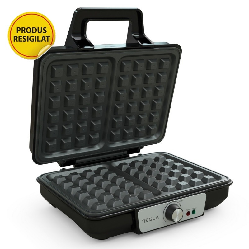 RESIGILAT - Aparat pentru preparat vafe Tesla WM200BX, 1000W, placi antiaderente, 140°/220°, negru/ inox