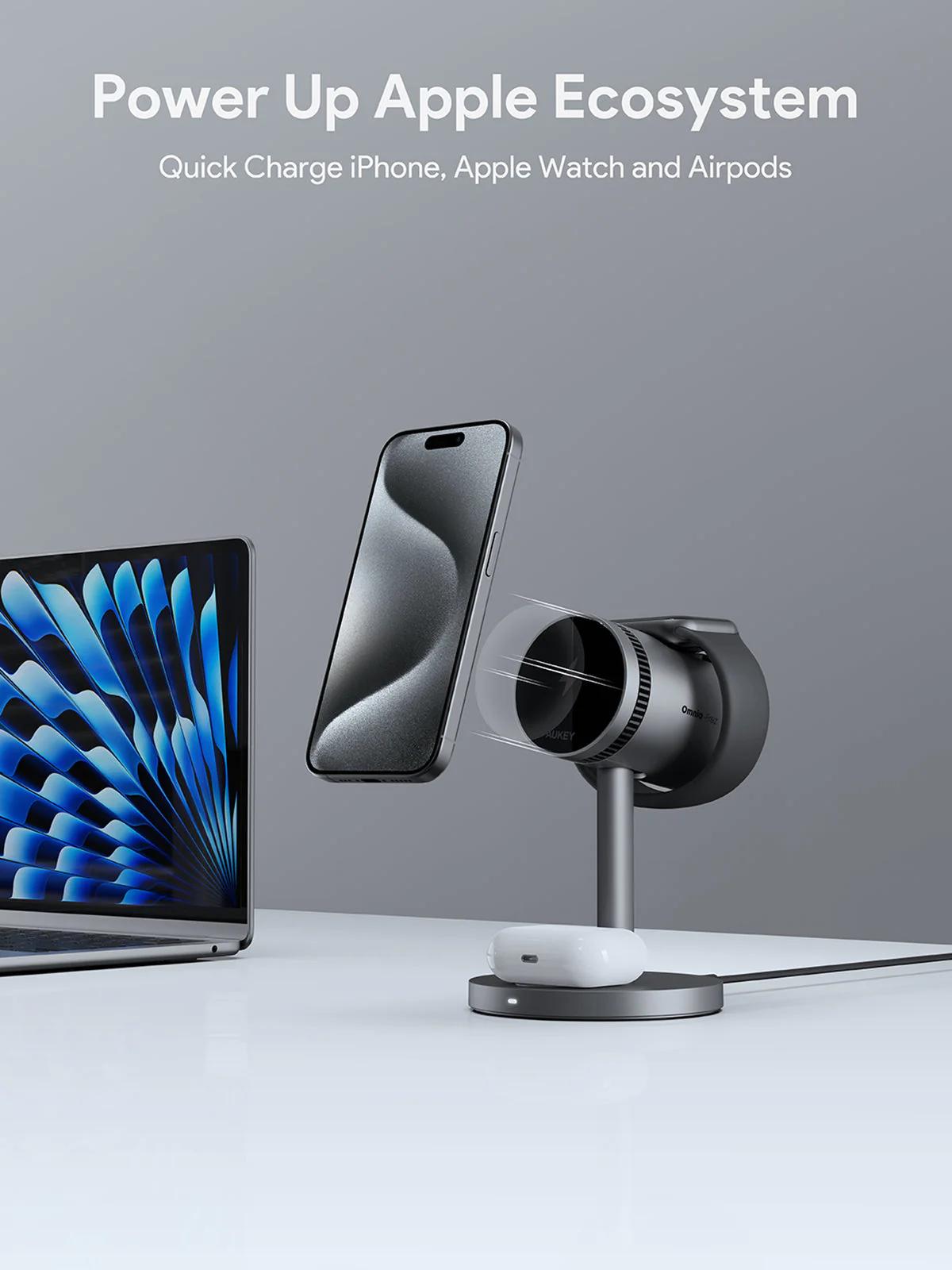 Incarcator AUKEY LC-MC311 3-in-1 desktop magnetic wireless charger, QI 2.0, 30W