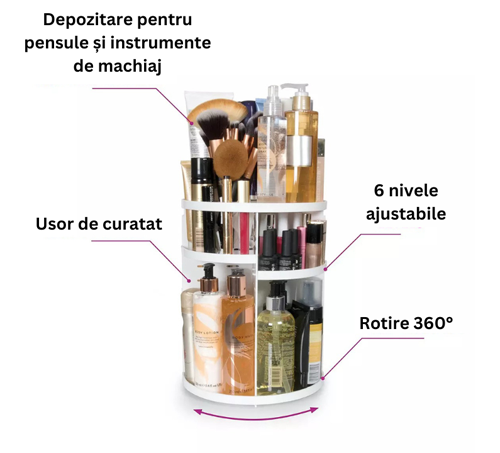 Organizator pentru cosmetice RIO CSST, rotire 360°, 6 rafturi reglabile, 30 x 22.9 x 22.9 cm, alb