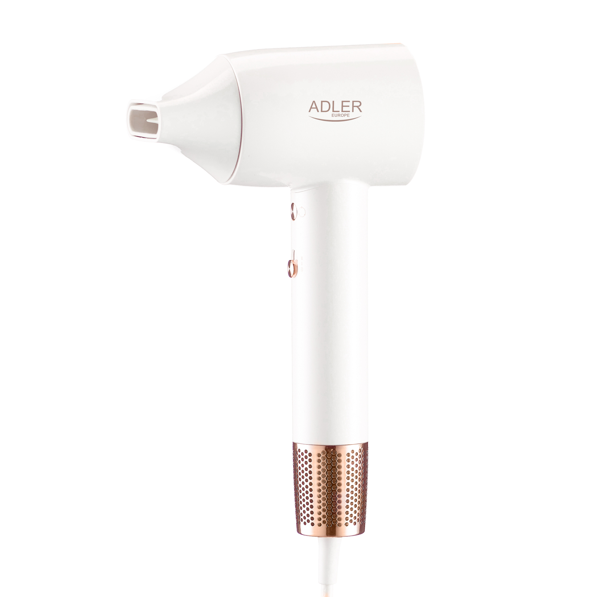 Uscator de par Adler AD 2272, 110.000 RPM, 1800W, afisaj LED, flux aer 20 m/s, 3 setari temperatura, 2 trepte viteza, nivel zgomot 67 dB, tehnologie ionizare, concentrator magnetic, alb/auriu