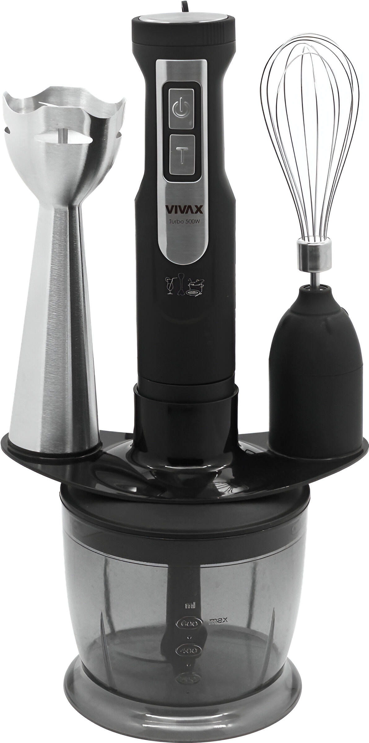 Set blender 3 in 1 Vivax HBS-500X, 500W, 0.6l, 2 viteze, Turbo, lama otel inoxidabil, maner detasabil, tel, suport accesorii, negru/argintiu