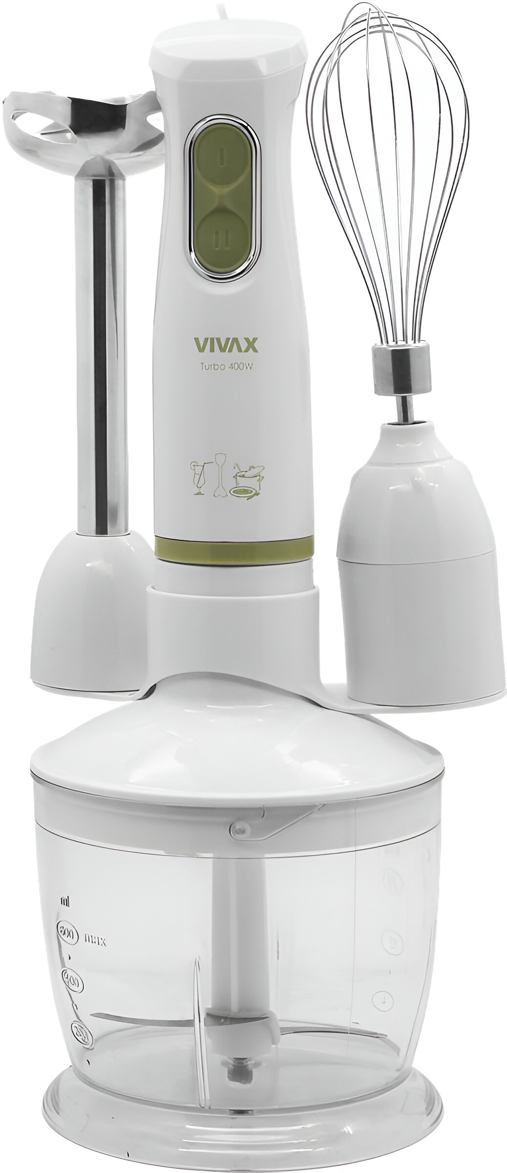 Set blender 3 in 1 Vivax HBS-400WG, 400W, 2 viteze, lama otel inoxidabil, maner detasabil, suport accesorii, alb/verde