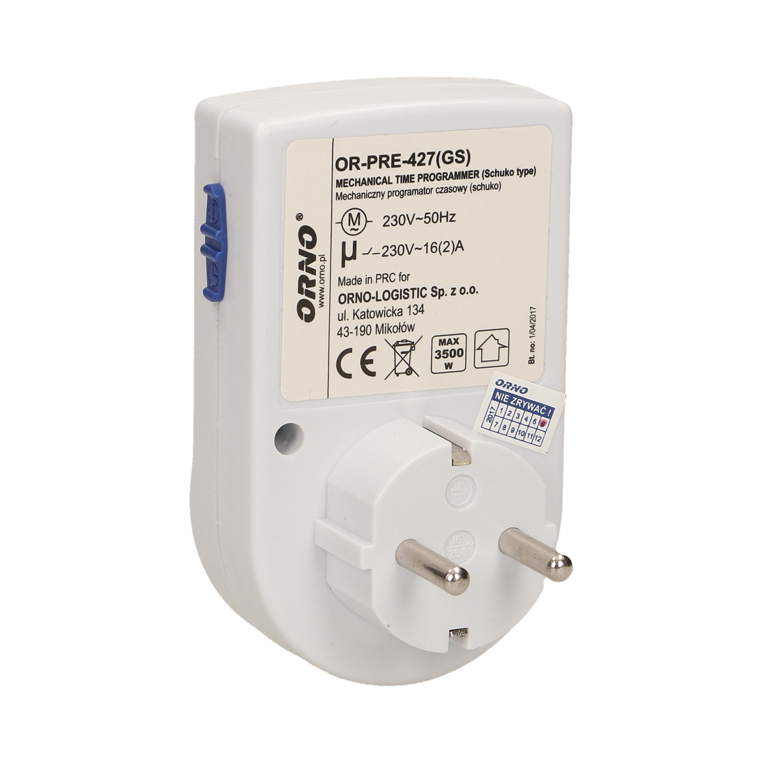 Priza programabila ORNO OR-PRE-427(GS), 230V, 16A, 24 ore, alb/albastru