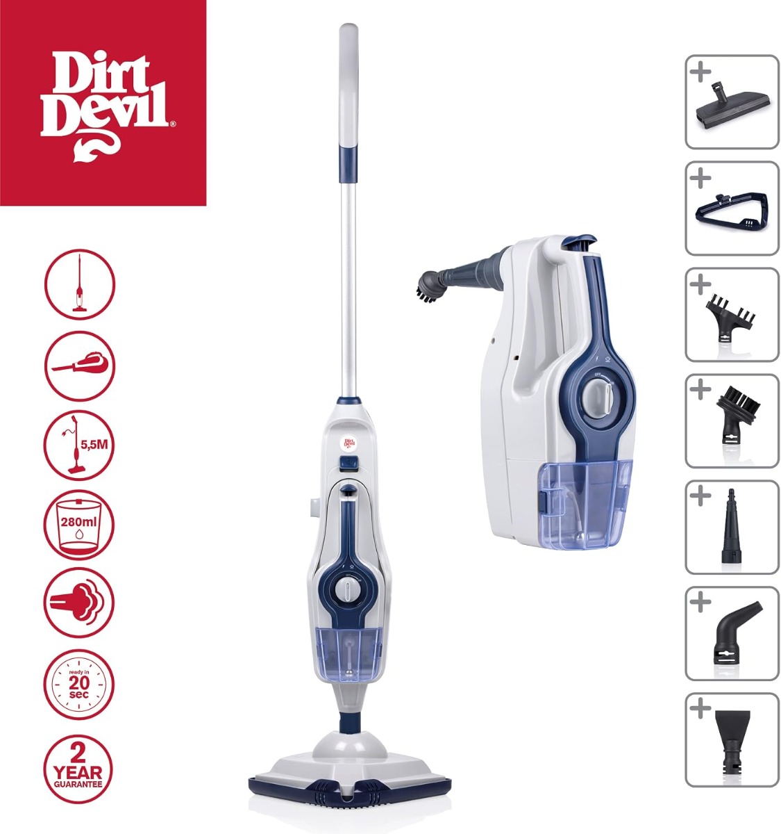 RESIGILAT - Aparat de curatat cu abur Dirt Devil DD7003,1600 W, capacitate rezervor apa 280 ml, rezervor de detergent 150ml, 5 accesorii, Alb-Albastru