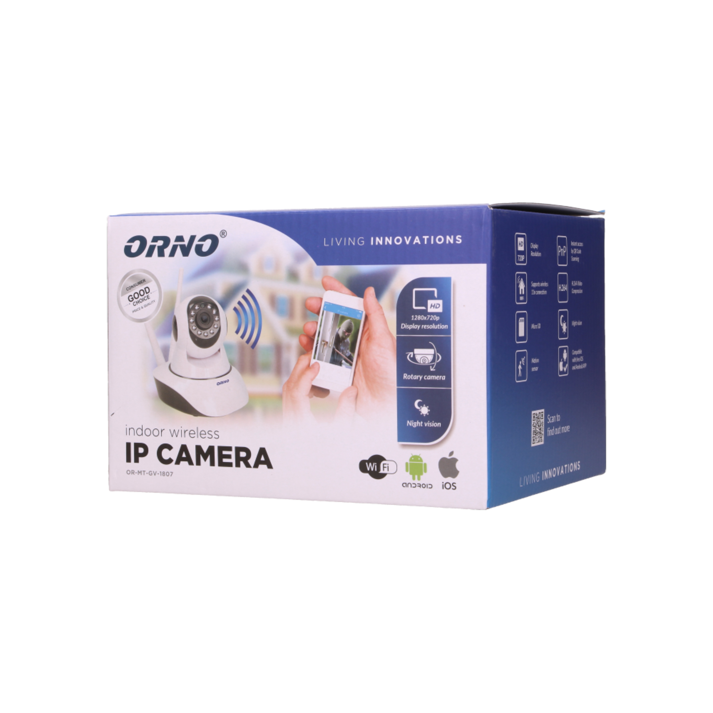 Camera wireless IP ORNO OR-MT-GV-1807, interior, HD, 5V, IP20, iluminare noaptea, alb