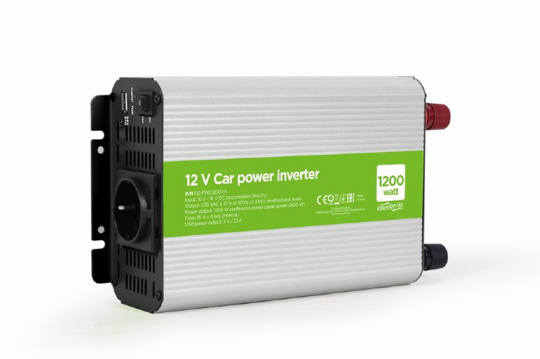 Invertor Energenie EG-PWC1200-01, cu sinusoida simulata, Inverter auto, 1200W, Schuko x 1, USB 5V 2.1A, baterie 10-16V