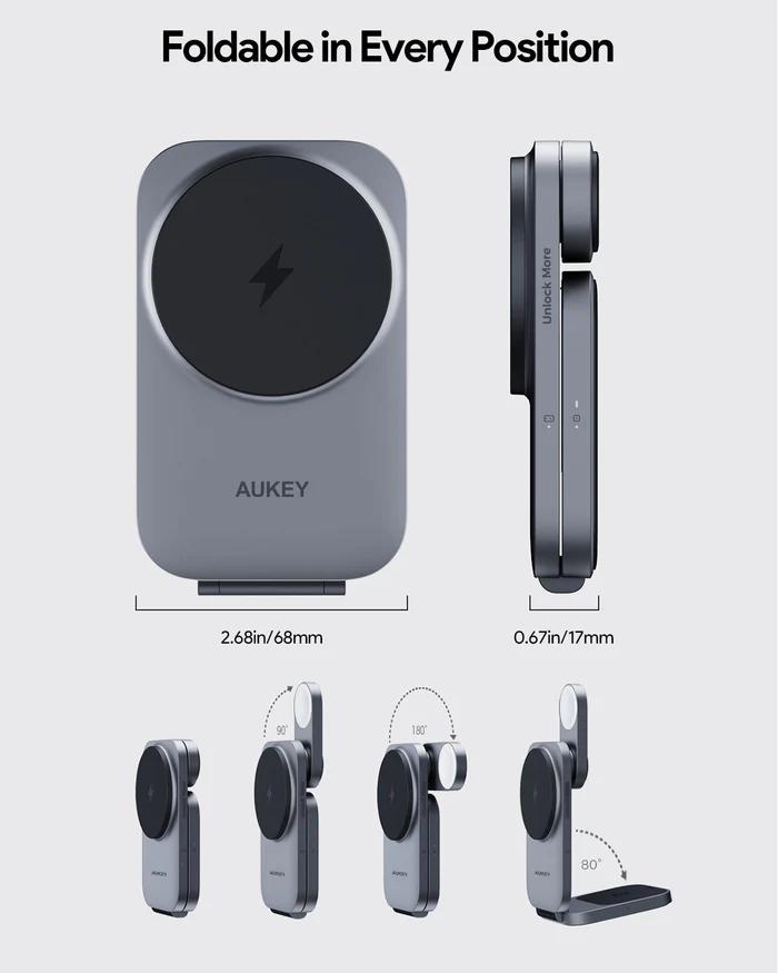 Incarcator magnetic 3 in 1 Aukey MagFusion LC-MC312, 15W Qi2, gri