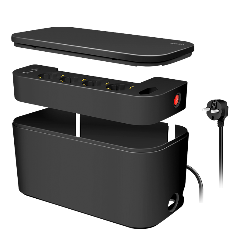 Prelungitor Logilink LPS282U, cutie cablu, 5 prize, 2xUSB-A, 1xUSB-C, DC 5 V/3.4 A (17 W max.), intrerupator iluminat, protectie la suprasarcina, IP20, H05VV-F 3G 1.5 mm², 1.5 m, Negru