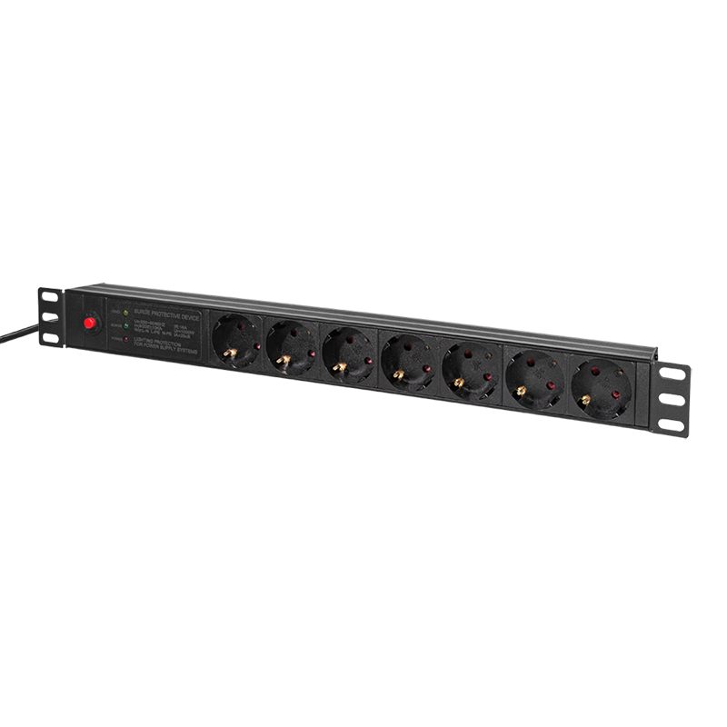Prelungitor PDU LOGILINK 1U pentru rack 19 inch, 7 prize Schuko, intrare Schuko, max 16 A, ON/OFF, prot. suprasarcina, filtru de linie, IP20, 2 m, negru