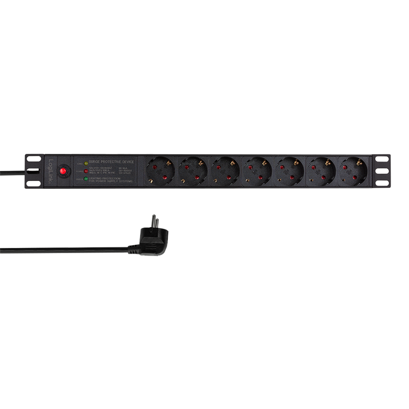 Prelungitor PDU LOGILINK 1U pentru rack 19 inch, 7 prize Schuko, intrare Schuko, max 16 A, ON/OFF, prot. suprasarcina, filtru de linie, IP20, 2 m, negru