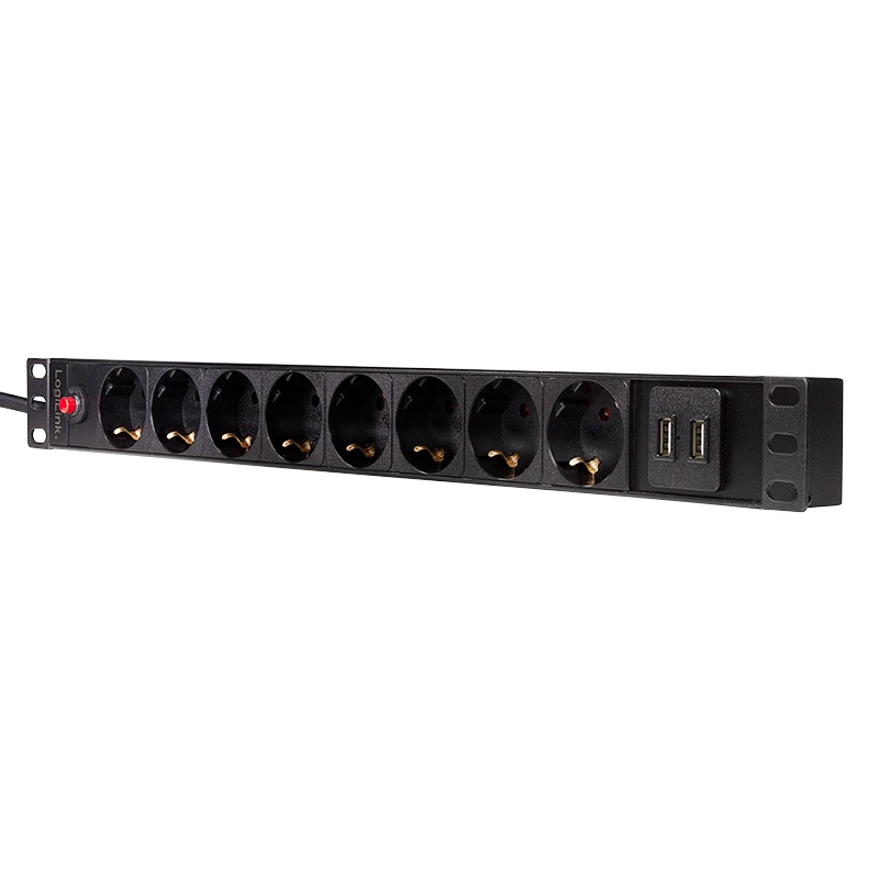 Prelungitor PDU LOGILINK 1U pentru rack 19 inch, 8 prize Schuko, intrare Schuko, max 16 A, on/off, protectie la supratensiune, 2 x USB 2.1A, 2 m