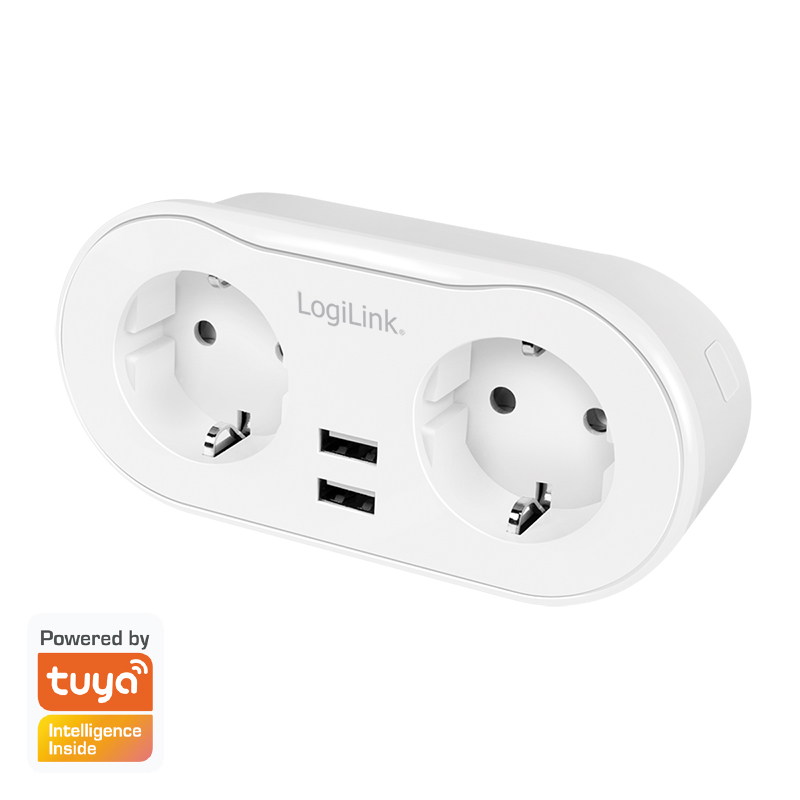 Priza inteligenta LogiLink SH0102, Wi-Fi, 2 prize, 2x USB-A 5 V/2.4 A (max. 12 W), protectie supracurent/supratensiune, IP20 compatibil Tuya, Alb