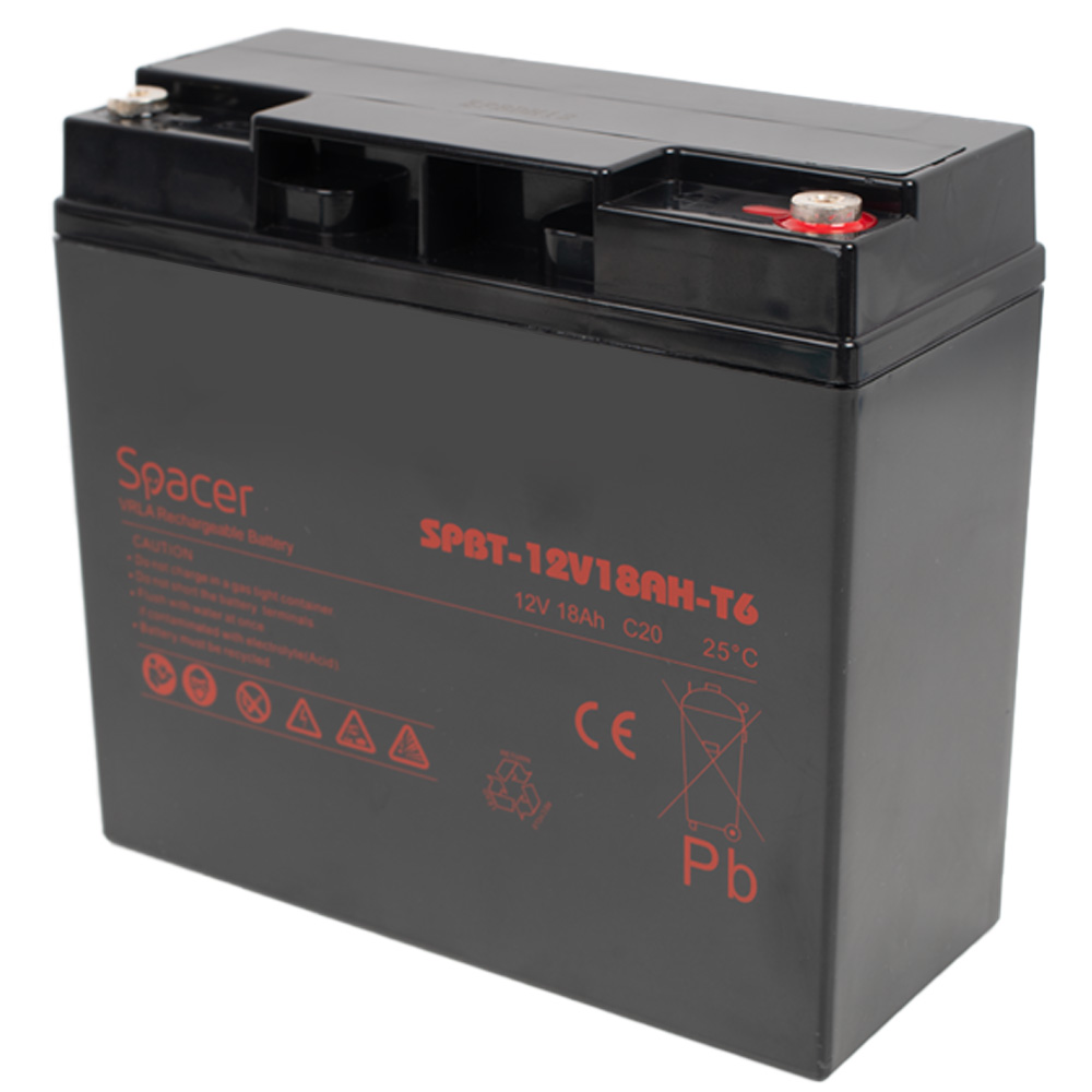 Acumulator UPS SPACER 12V / 18Ah, inaltime+terminal: 167mm, terminal F6T6 Negru