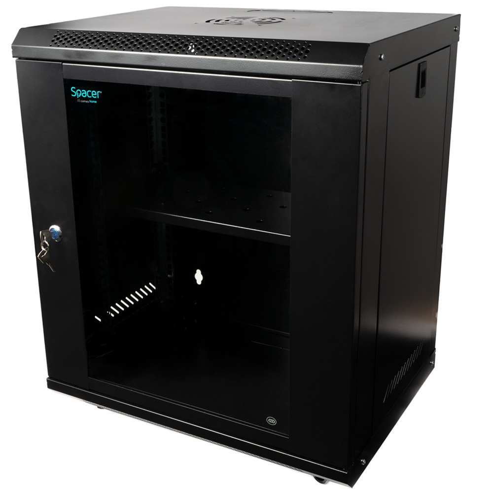 Cabinet 19″ spacer 12u 500x400mm fixare pe perete flatpack (dezasamblat) black usa sticla cu blocare panouri detasabile