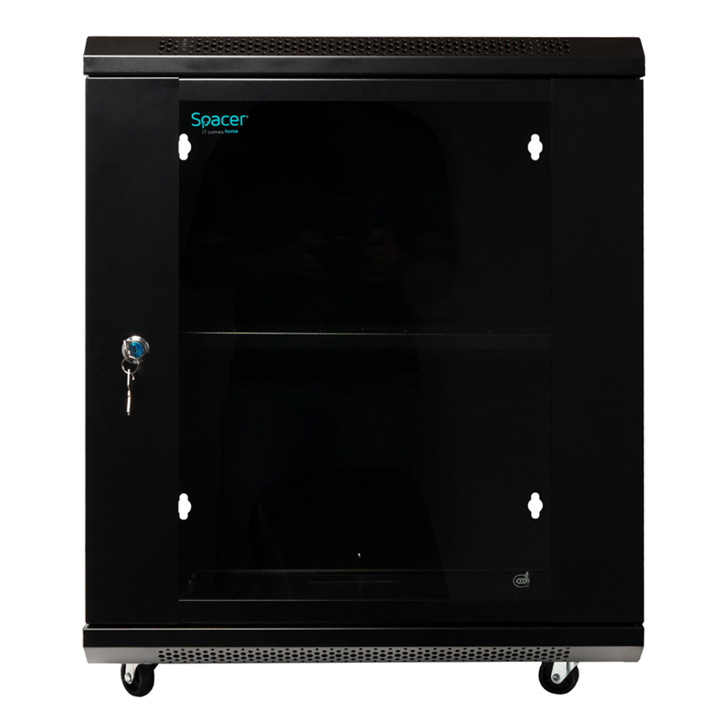 Cabinet 19″ spacer 12u 500x450mm fixare pe perete flatpack (dezasamblat) black usa sticla cu blocare panouri detasabile