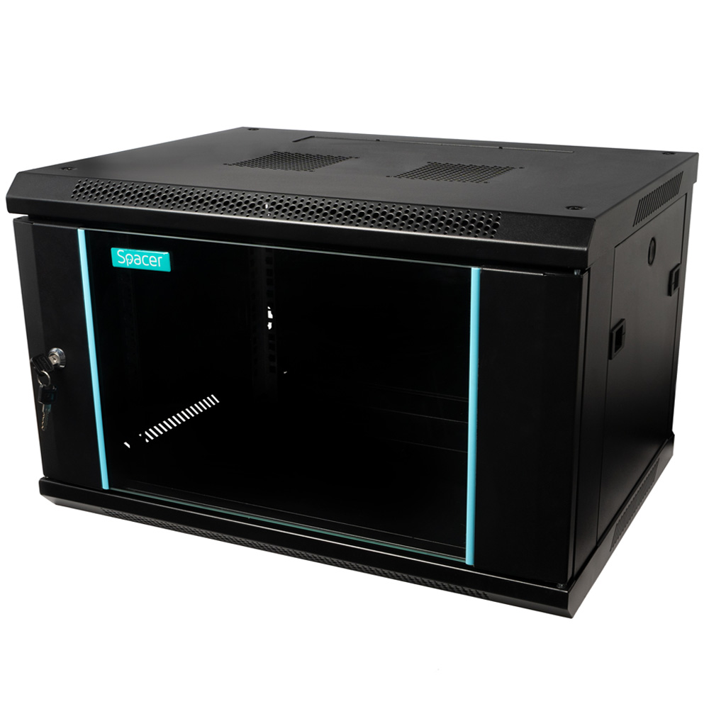 Cabinet 19″ SPACER 6U 600x450mm, fixare pe perete, Flatpack (dezasamblat), negru, panouri detasabile, otel 1.5mm, sarcina maxima 60Kg